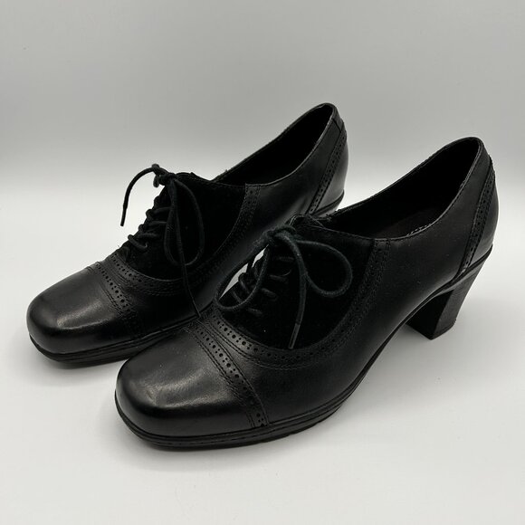 Clarks Bendables Shoes 9M Black Leather Suede Pumps Low Lace Up Booties - Picture 1 of 10